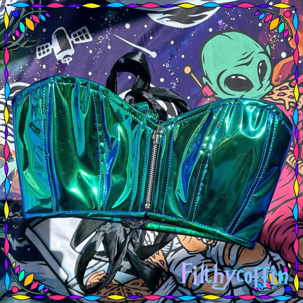 Iridescent holographic corset bustier steel boned y2k corset gaultier fetish 90s